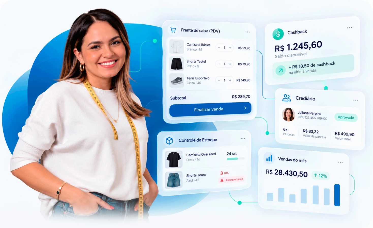 Lojista usando o Alcavie para gerenciar PDV, estoque, crediário e cashback